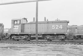 Burlington Northern diesel locomotive 524 at Clyde, Illinois in 1972.