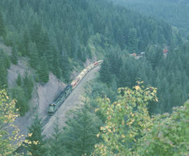 Burlington Northern freight train at Borup, Washington in 1985.