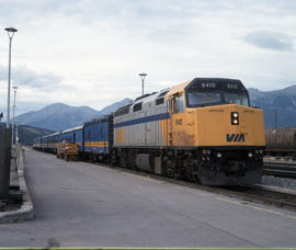 VIA Rail Canada diesel locomotive 6410 at Jasper, Alberta on August 09, 1989.