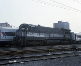 New Jersey Transit Lines diesel locomotive 4177 at Hoboken, New Jersey in April 1988.