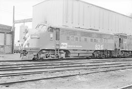 Burlington Northern diesel locomotive 826 at Minneapolis, Minnesota in 1973.