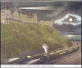 Postacard of Tacoma Hotel and Northern Pacific trains at Tacoma, Washington, circa 1900.