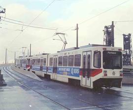 Tri-County Metropolitan Transportation District of Oregon Railcars at Portland, Oregon in 1989.