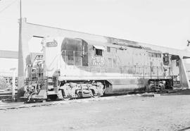 Northern Pacific diesel locomotive number 555 at Pasco, Washington, in 1953.