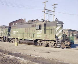 Burlington Northern diesel locomotive 1897 at Auburn, Washington in 1979.