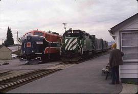 Burlington Northern freight train at Renton, Washington, circa 1995.