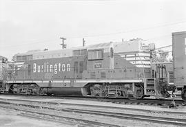 Burlington Northern diesel locomotive 1590 at Clyde, Illinois in 1972.