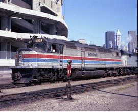 Amtrak diesel locomotive 533 at Seattle, Washington, circa 1980.