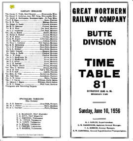 Great Northern Railway (GN) Butte Division Employee Timetable Number 81, June 10, 1956