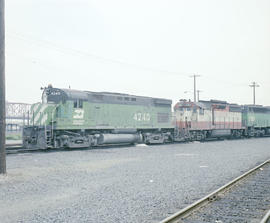 Burlington Northern diesel locomotive 4240 at Portland, Oregon in 1979.