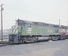 Burlington Northern diesel locomotive 4240 at Portland, Oregon in 1979.