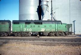 Burlington Northern diesel locomotive Number 710 at Brekenridge, Minnesota in 1980