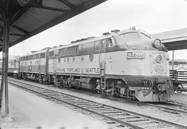 Burlington Northern diesel locomotive 9750 at Portland, Oregon, circa 1970.