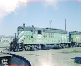 Burlington Northern diesel locomotive 1859 at Auburn, Washington in 1980.