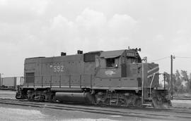 Missouri Pacific Railroad diesel locomotive 592 at Alexandria, Louisiana on June 22, 1978.