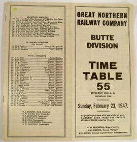 Great Northern Railway (GN) Butte Division Employee Timetable Number 55, February 23, 1947