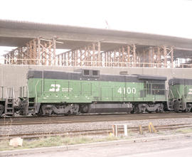 Burlington Northern diesel locomotive 4100 at Tacoma, Washington in 1985.