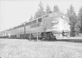 Northern Pacific diesel locomotive number 6504 at East Olympia, Washington, circa 1950.