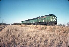 Burlington Northern Diesel Locomotives 784, 717 and  733 at Minneapolis, Minnesota in 1980