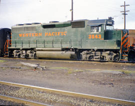 Western Pacific Railroad diesel locomotive WP 3543, circa 1955.