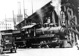 Pacific Coast Railroad steam locomotive number 18 at Seattle, Washington, circa 1920.