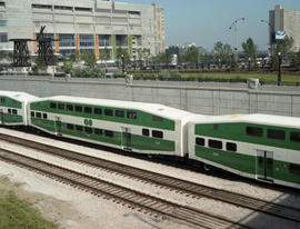 Toronto GO Transit passenger cars at Toronto, Ontario on July 5, 1990.