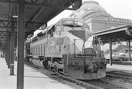 Burlington Northern diesel locomotive 9852 at Tacoma, Washington in 1971.