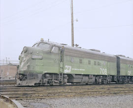 Burlington Northern diesel locomotive 708 at Portland, Oregon in 1979.