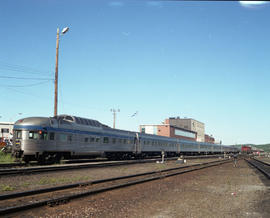 VIA Rail Canada passenger train at Capreol, Ontario on July 06, 1990.