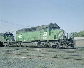 Burlington Northern diesel locomotive 6360 at Pasco, Washington in 1981.