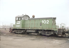 Burlington Northern diesel locomotive 102 at Tacoma, Washington in 1986.