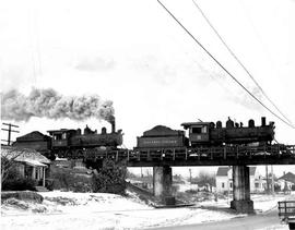 Pacific Coast Railroad steam locomotives number 15 and 14 at Auburn, Washington, circa 1950.