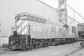 Burlington Northern diesel locomotive 6113 at Minneapolis, Minnesota in 1972.