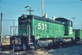 Burlington Northern diesel locomotive Number 531 at Quincy, Illinois in 1981