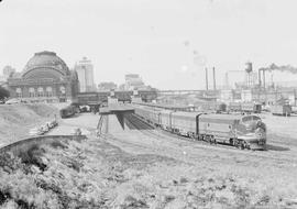 Northern Pacific passenger train number 407 at Tacoma, Washington, circa 1950.