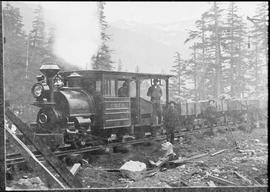 Northern Pacific construction train at Stampede, Washington, circa 1887.