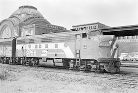 Burlington Northern diesel locomotive 9756 at Tacoma, Washington in 1971.