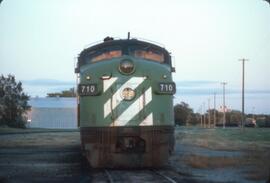 Burlington Northern diesel locomotive Number 710 at Saint Cloud, Minnesota in 1980