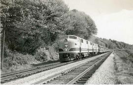 Great Northern Railway diesel locomotive 501 at Golden Gardens, Washington, undated.