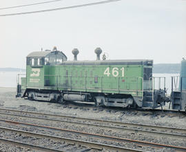 Burlington Northern diesel locomotive 461 at Tacoma, Washington, circa 1982.