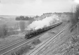 Northern Pacific passenger train number 408 at Nisqually, Washington, circa 1954.