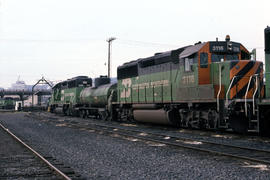 Burlington Northern Railroad Company fuel tender BNFT 2 at Portland, Oregon in 1985.