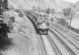 Northern Pacific diesel locomotive 6001 at Wymer, Washington, in 1944.