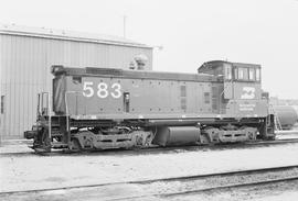 Burlington Northern diesel locomotive 583 at Lincoln, Nebraska in 1972.