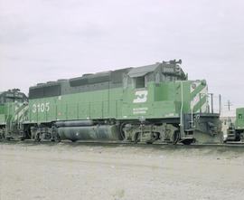 Burlington Northern diesel locomotive 3105 circa 1985.