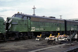 Burlington Northern Railroad Company diesel locomotive 726 at Portland, Oregon in 1978.