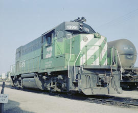 Burlington Northern diesel locomotive 1399 at Oklahoma City, Oklahoma in 1982.