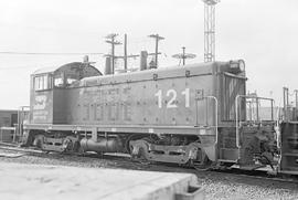 Burlington Northern diesel locomotive 121 at Clyde, Illinois in 1972.