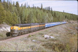 Burlington Northern Diesel Locomotives 9700, 9713, 9709 at Eureka, Montana, 1970