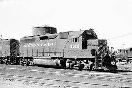 Western Pacific Railroad diesel locomotive 3518 at Oroville, California on June 23, 1974.